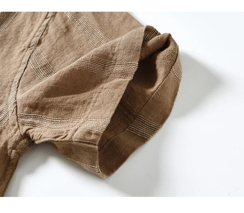 100% Linen Men's Short Sleeve Shirt Japanese Chest Pocket Striped Stand Collar Shirts Casual Summer Comfortable Tops Shirt Man