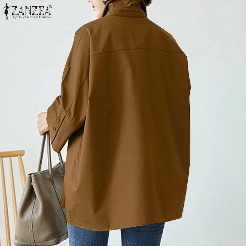 ZANZEA Women Lapel Neck Blouse Fashion OL Work Tops Casual 3/4 Sleeve Holiday Tops Oversize Chemise Female Loose Buttons Blusas
