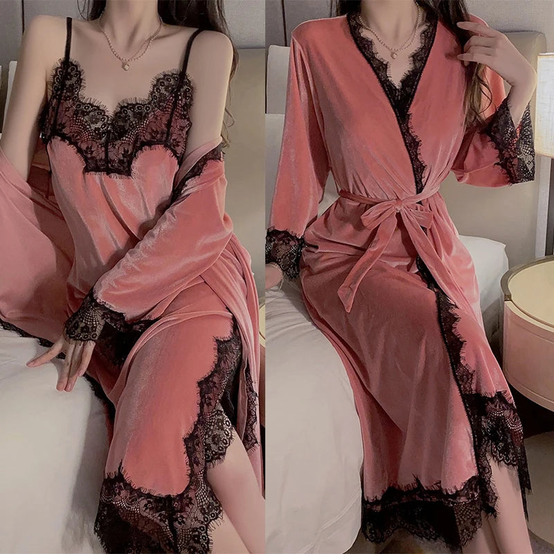 Women Warm Velour Homewear Pink Bathrobe Set Cami Sleepwear Winter Robe Suit Loungewear Sexy Nightgown Long Kimono Robe