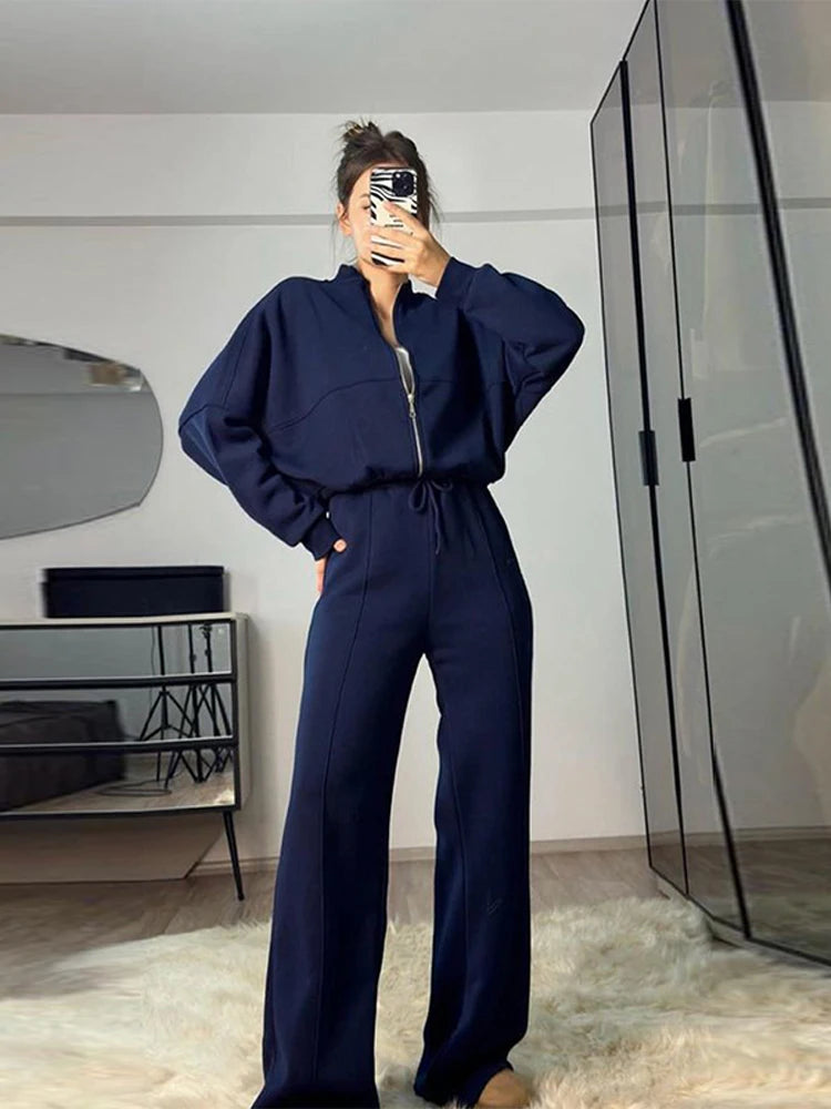 Women Sweatsuit Set Vintage O-neck Zipper Bomber Jackets High Waist Loose Pants Suit Female 2025 Spring Fashion Lady Sportswear