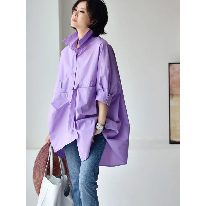 Women's Irregular Cotton Lapel Five-Point Sleeve Blouse, Large Size Shirt, Elegant Blouses for Youth, Medium Length