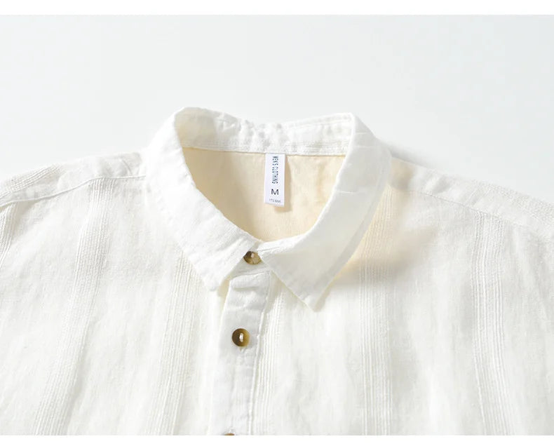 100% Linen Men's Short Sleeve Shirt Japanese Chest Pocket Striped Stand Collar Shirts Casual Summer Comfortable Tops Shirt Man