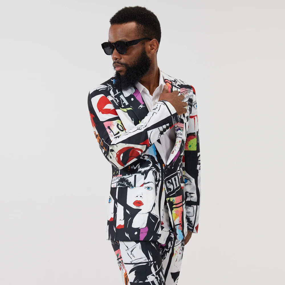 Men's Suit Autumn American Graffiti Print Suit Collar Slim Fit Casual Pencil Pants Streetwear Men Clothing Set 2 Piece