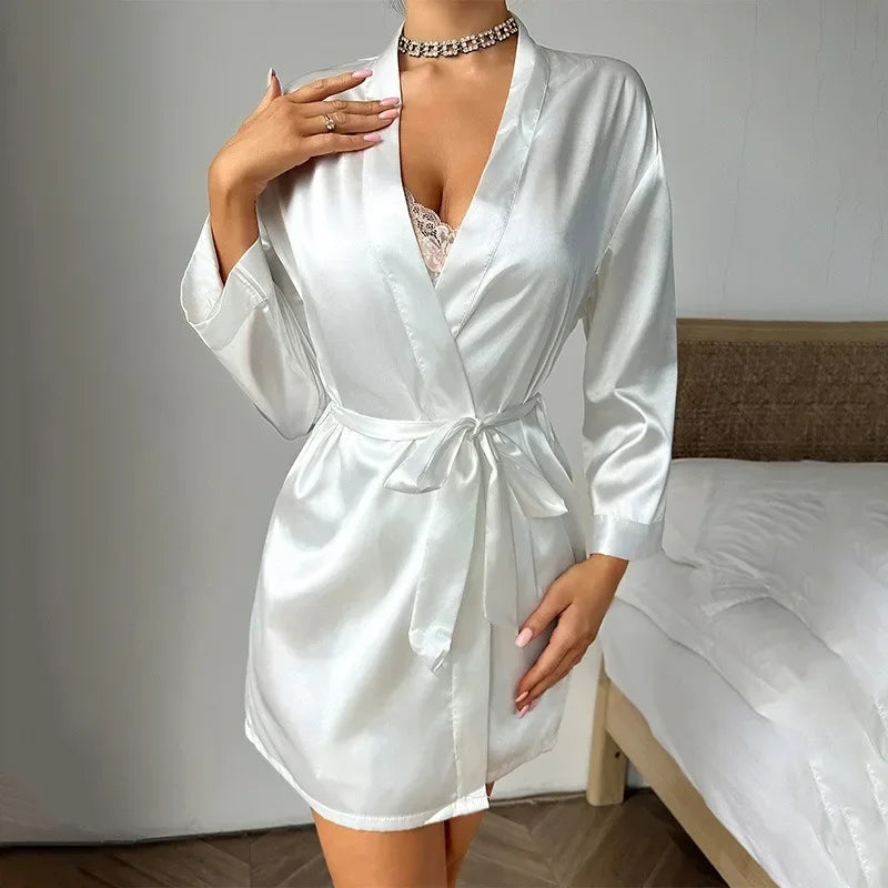Women Silk Satin Short Night Robe Solid Kimono Robe Fashion Bath Sexy Bathrobe Peignoir Femme Wedding Bride Bridesmaid Robe