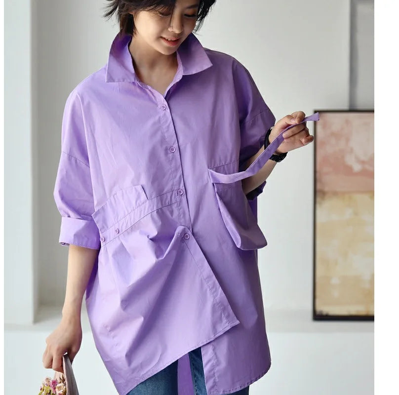 Women's Irregular Cotton Lapel Five-Point Sleeve Blouse, Large Size Shirt, Elegant Blouses for Youth, Medium Length