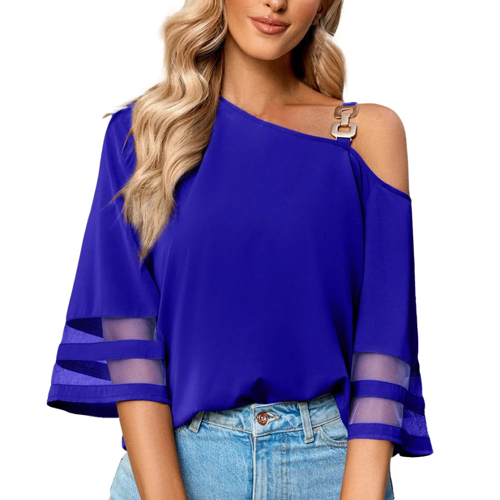 Women's Cold Shoulder Mesh Panel 3/4 Bell Sleeve Casual Top Blouse Shirt Summer Loose Fitting Chiffon Blous
