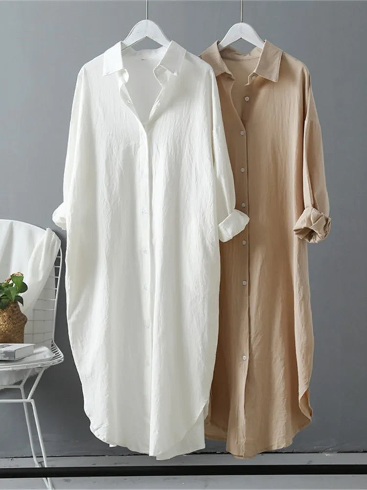 Women Loose Cotton Linen Cardigan Long Shirts Casual Blouses Female Fashion Elegant Outerwear Monochromatic Tee Clothes Summer