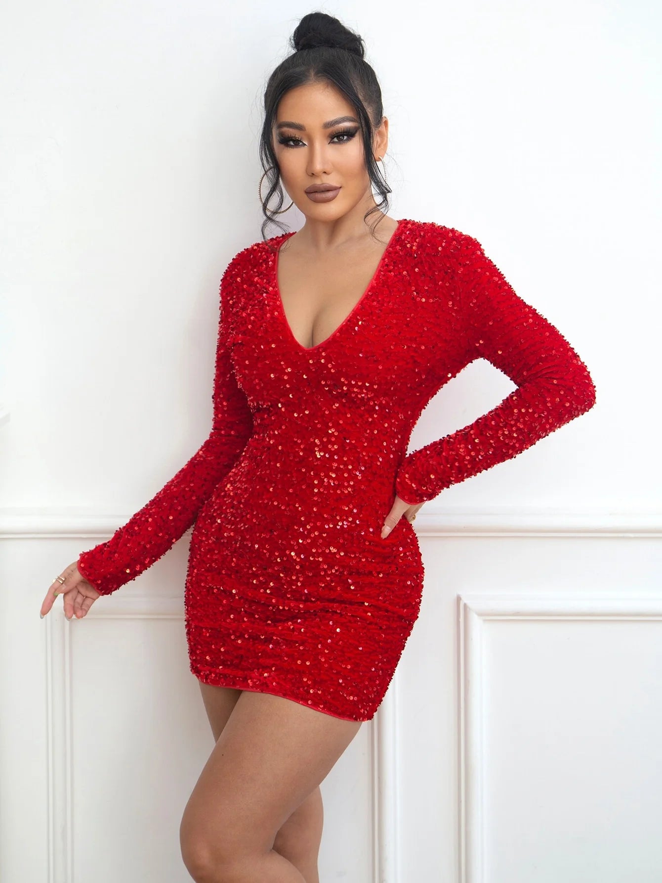 Yissang Elegant Sequins Dress Red Sexy Cocktail Dress Summer Dress Fashion Long Sleeve Sequin Dress For Party Formal Dress