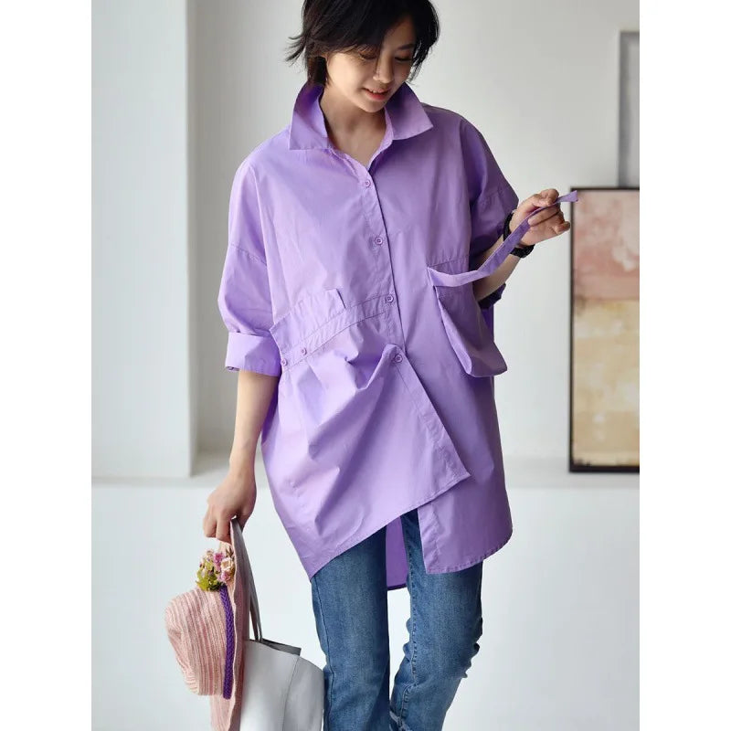 Women's Irregular Cotton Lapel Five-Point Sleeve Blouse, Large Size Shirt, Elegant Blouses for Youth, Medium Length