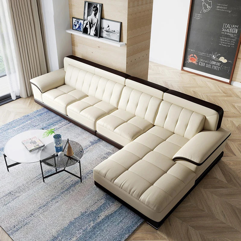 European Italian Luxury Modern Style Large Top Grain Real Corner Sectional Pure Leather Sofa Set