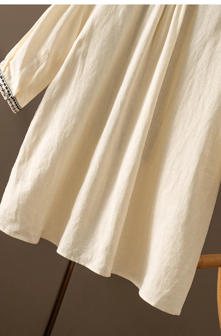 100% Linen Five-Sleeve Embroidered Shirt Women Blusas Femininas Women Tops Shirts for Women Blusas De Mujer