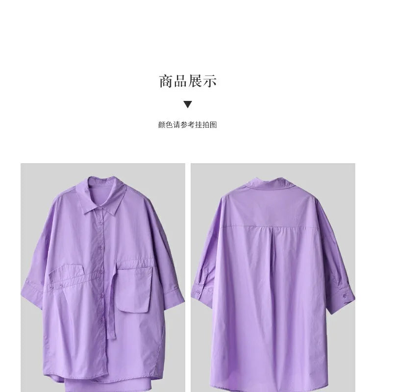 Women's Irregular Cotton Lapel Five-Point Sleeve Blouse, Large Size Shirt, Elegant Blouses for Youth, Medium Length