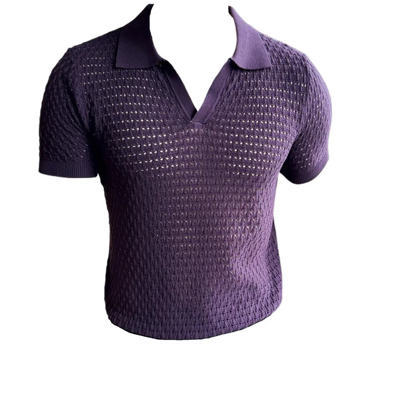 Summer Breathable Polo Shirts Men Korean Luxury Clothing V Neck Short Sleeve Casual Men's Polos Shirt Hollow Knitted Tee Shirts
