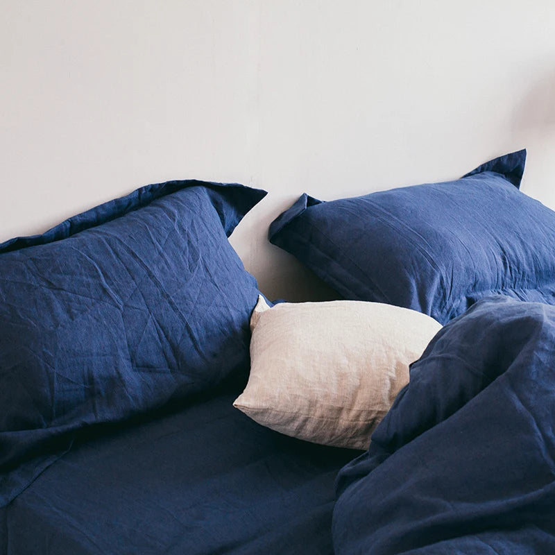 100% Pure Linen Blue Bedding Set with Duvet Cover Bed Sheet Pillowcase, Solid Color, Double, Single, King, Queen Full, Twin Size