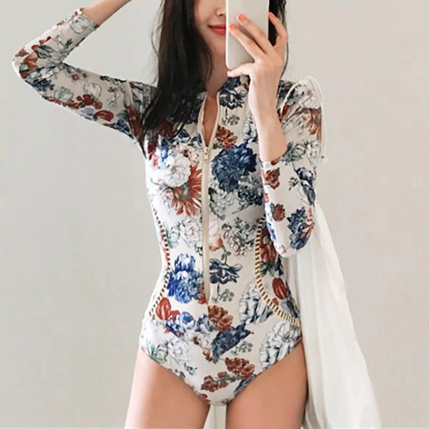 Women Long Sleeve Bathing Suits Vintage Floral Printed Hollow Out Fashion Swimwear Women Front Zipper Up Sexy Surfing Suit