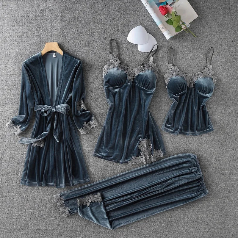 Women Velvet 4PCS Pajamas Set Sleepwear Autumn Winter Sexy Lace Trim Bathrobe Nightgown Loose Velour Pyjama Pour Femme Home Wear