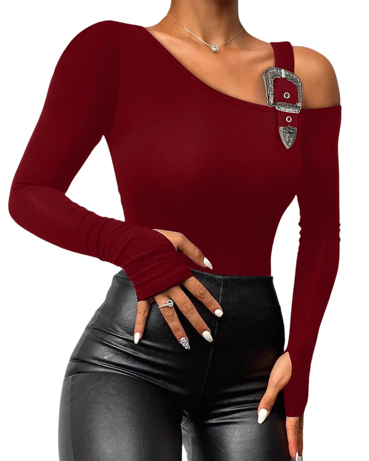 Women Long Sleeve Slim Fit Tops Casual Cold Shoulder Buckled Blouse Shirts