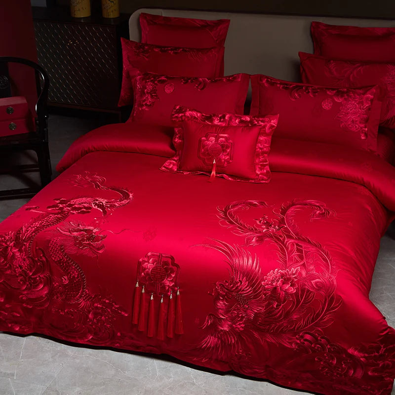 Luxury Gold/Red Loong Phoenix Embroidery Chinese Wedding Tassels Egyptian Cotton Bedding Set Duvet Cover Bed Sheet Pillowcases