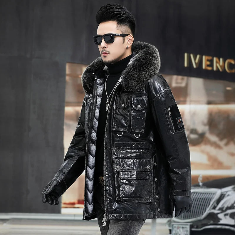 Mens Genuine Leather Jacket Men Top Layer Cowhide Hooded Coat Rabbit Fur Lining Trendy Parka Male Fox Collar Clothing