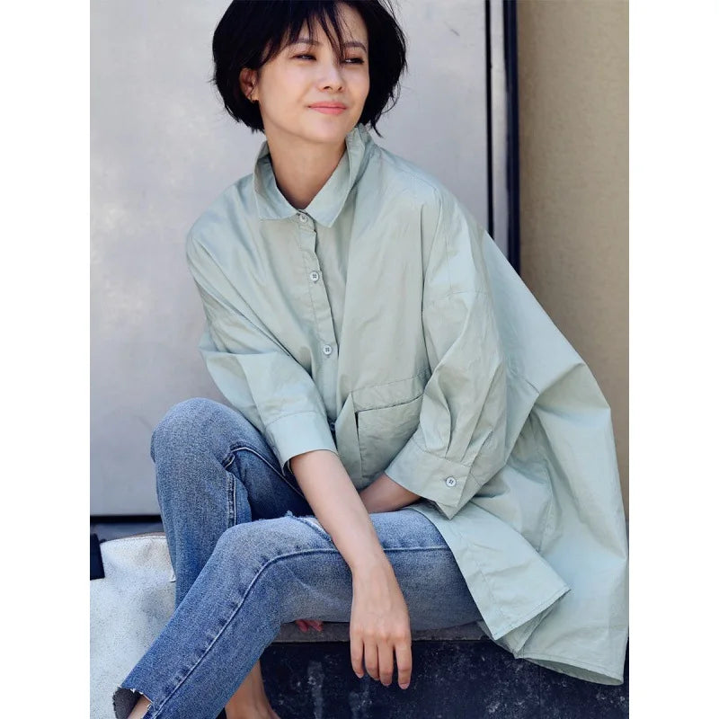 Women's Irregular Cotton Lapel Five-Point Sleeve Blouse, Large Size Shirt, Elegant Blouses for Youth, Medium Length