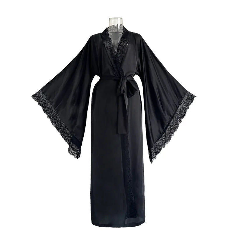 Women's New Sexy Satin Robe Pajamas Homewear Lace Light Luxury Long-Sleeved Ice Silk Robe Bathrobe Homewear Sexy Pajamas