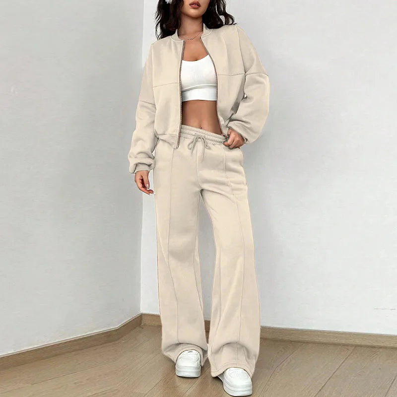 Women Sweatsuit Set Vintage O-neck Zipper Bomber Jackets High Waist Loose Pants Suit Female 2025 Spring Fashion Lady Sportswear