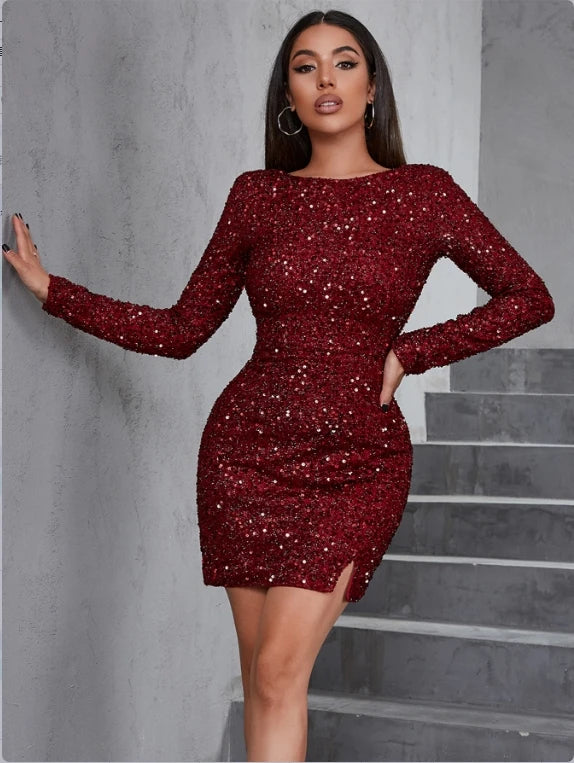 D&M Blue Sexy Bodycon Dress Long Sleeve Sequins Elegant Party Dresses Women New Year's Eve Dresses Sukienki Imprezowe 2024