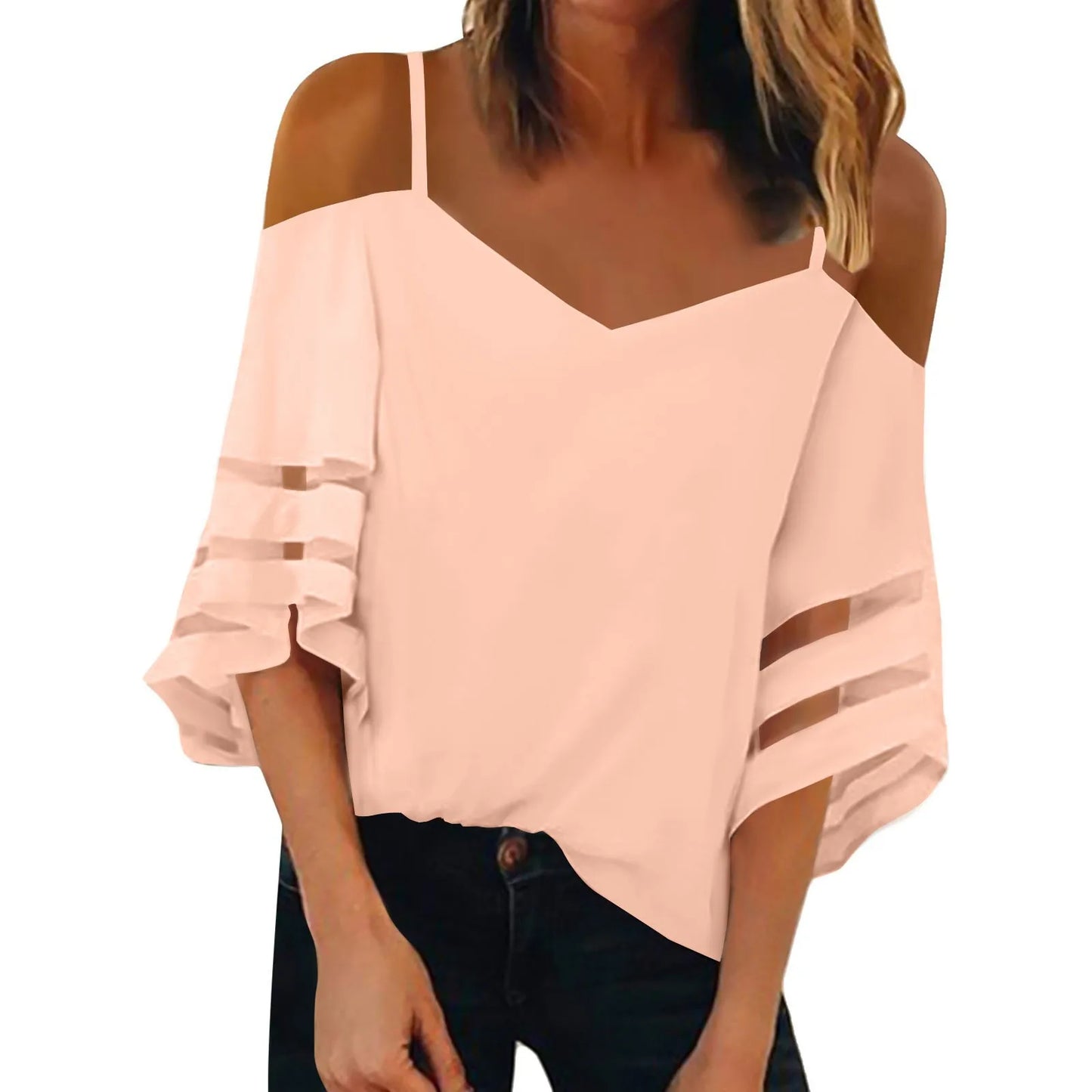 Women'S 3/4 Sleeve Tops Fashion Loose V-Neck Solid Color Casual Shoulder Strap Top Daily Commute Elegant All-Match Comfy Tops