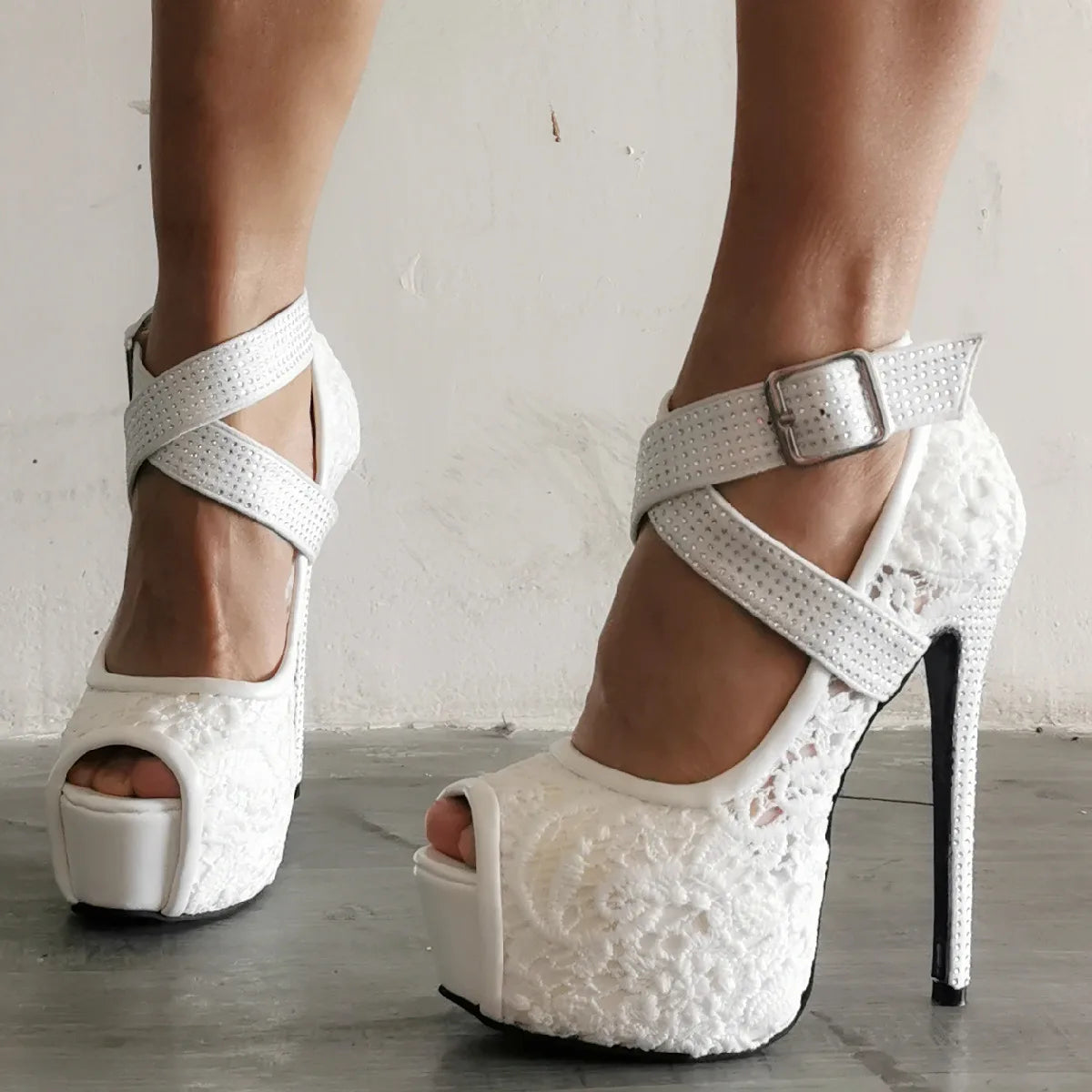 Women Plus Size 46 47 Pumps High Heels Platform Lace Mesh Shoes Wedding Peep Toe stilettos Dress White Sandals Ladies