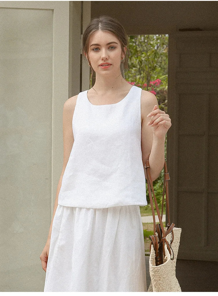 100% Linen Top Women Casual Solid Back Cross Patchwork Tank Top Summer Tops Haut Femme Women'S Clothing Offer Free Shipping