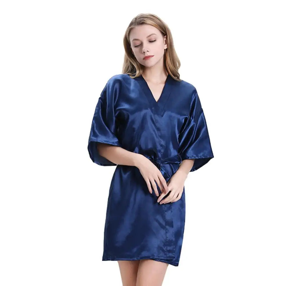 Women Summer Solid Color Ice Silk Nightdress Midi Dress Bath Robe Waist Belt Sleepwear Nightgown Lady Homewear