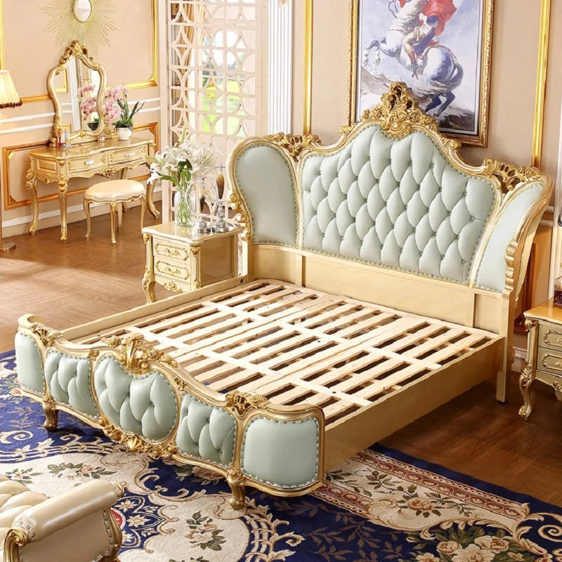 Simple European leather bed Queen bed Solid wood American bed Master Bedroom Oak claaical Champagne gold luxury double bed