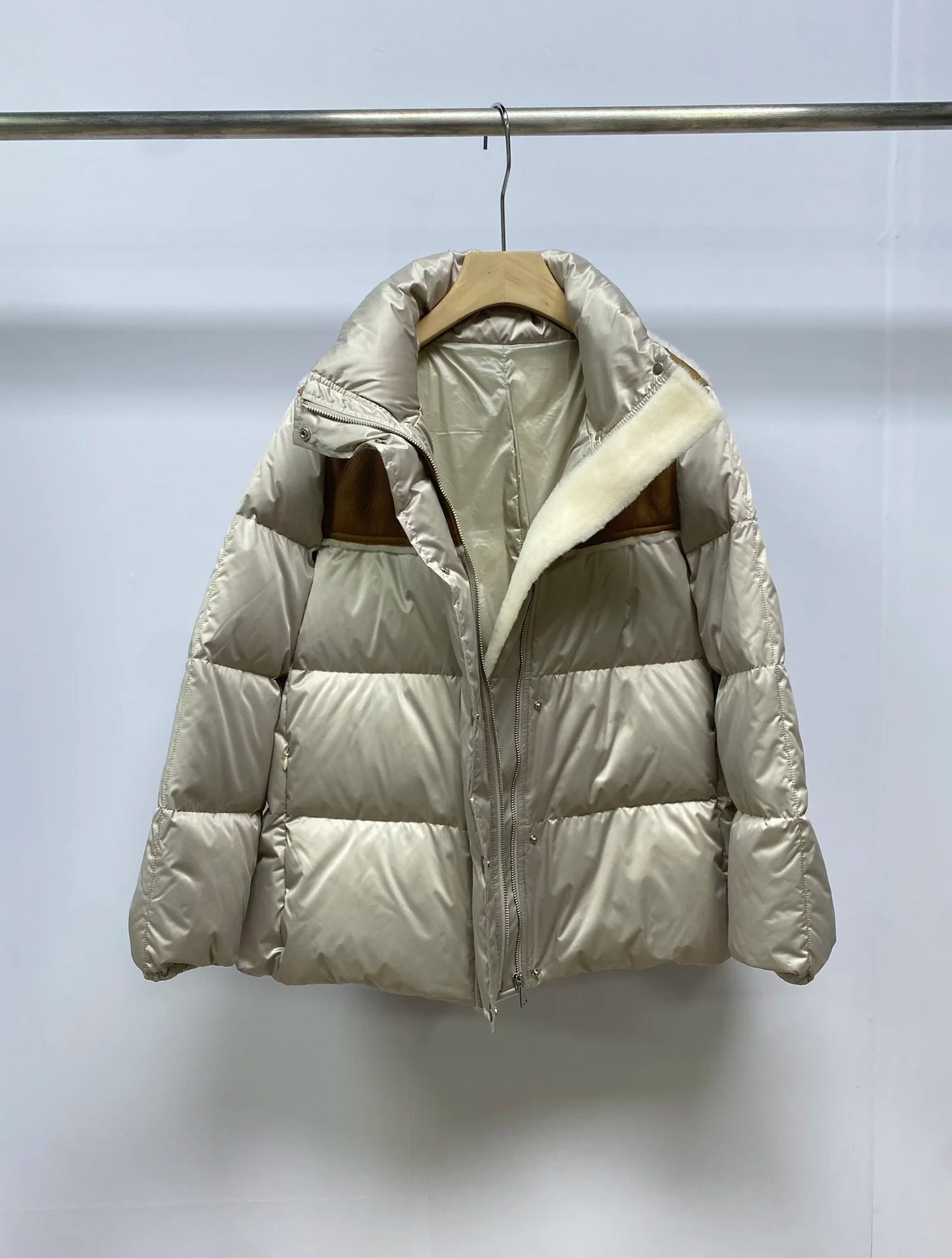 Women's Casual Sheepskin Wool Patchwork Goose Down Jacket, Female Clothing, High Collar, Luxury, Light, Fashion, B, C