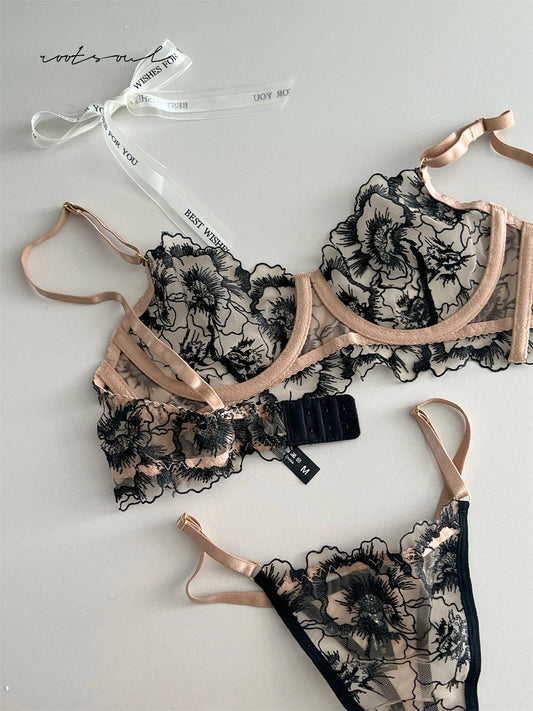 Vintage floral sexy lace adjustment push up lingerie hollowed out top support bras ladies steel ring bra underwear sets