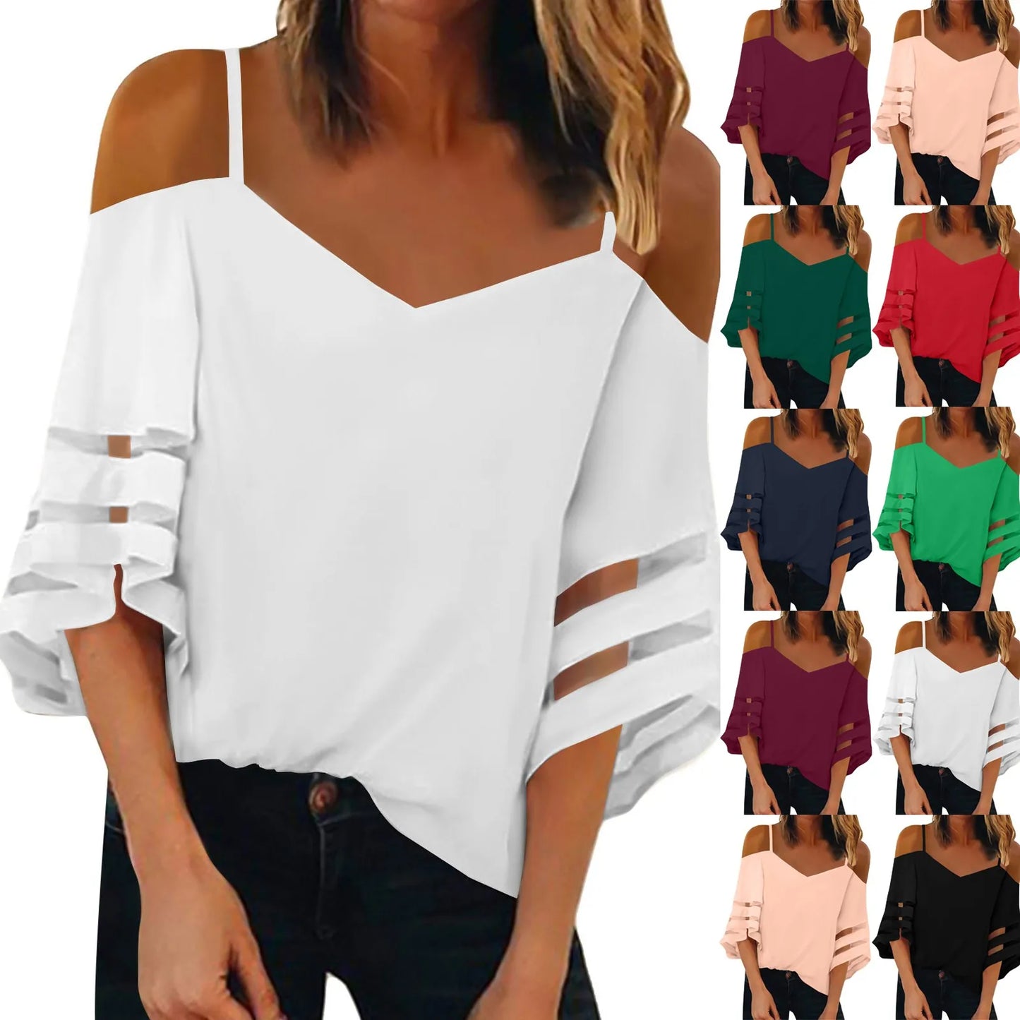 Women'S 3/4 Sleeve Tops Fashion Loose V-Neck Solid Color Casual Shoulder Strap Top Daily Commute Elegant All-Match Comfy Tops