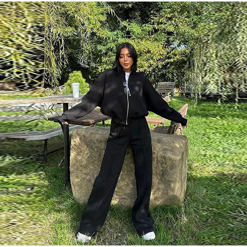 Women Sweatsuit Set Vintage O-neck Zipper Bomber Jackets High Waist Loose Pants Suit Female 2025 Spring Fashion Lady Sportswear