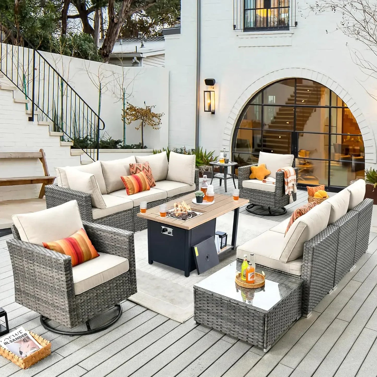 11 Pieces Outdoor Patio Furniture Set, Garden Furniture Sets with Fire Pit, Swivel Glider Chairs for Poolside Lawn Backyard