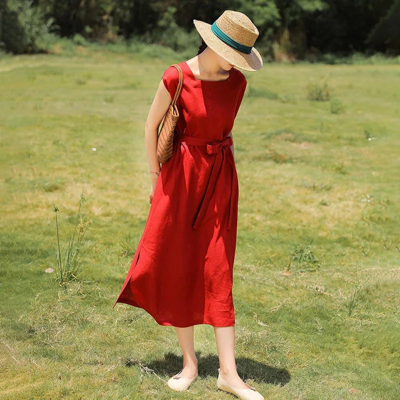 100% Linen Summer Dress Woman Short Sleeve Green Midi Dresses Women's Summer Sundress Solid A-Line Square Neck Streetwear Female