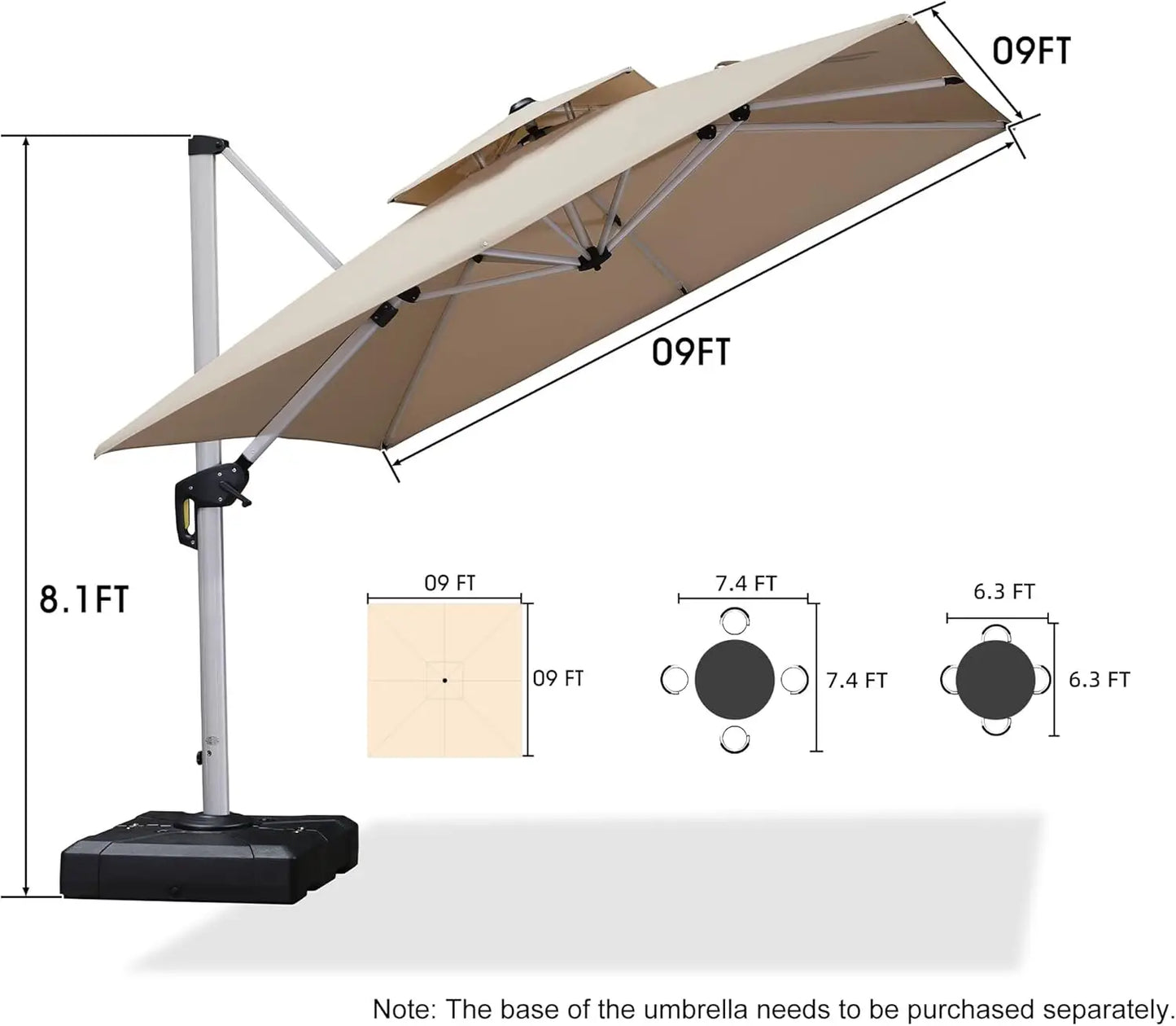 12 Feet Double Top Deluxe Square Patio Umbrella Offset Hanging Umbrella Cantilever Umbrella
