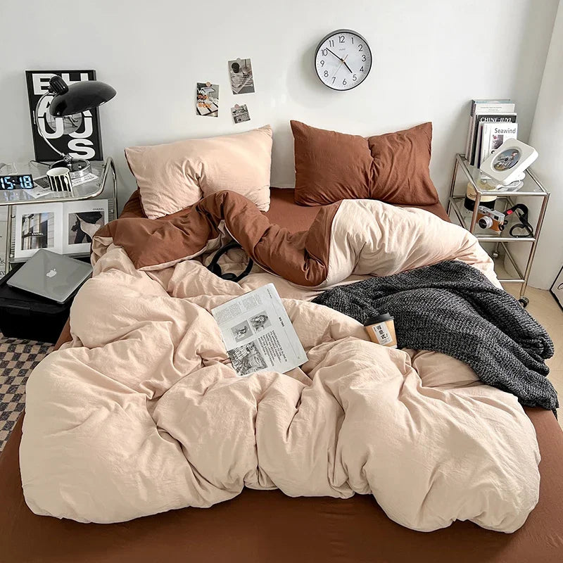 Solid Color Duvet Cover Set 100% Washed Cotton Bedding Set Super Soft Comfortable Lightweight Comforter Cover with 2 Pillowcases