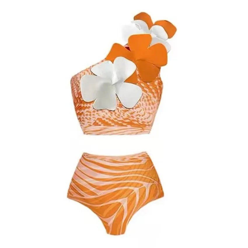 Women Floral Bikinis Set One Shoulder Two Pieces Swimwear with Sarong Cover Ups Pareo Bathing for Summer Holiday Luxury suit
