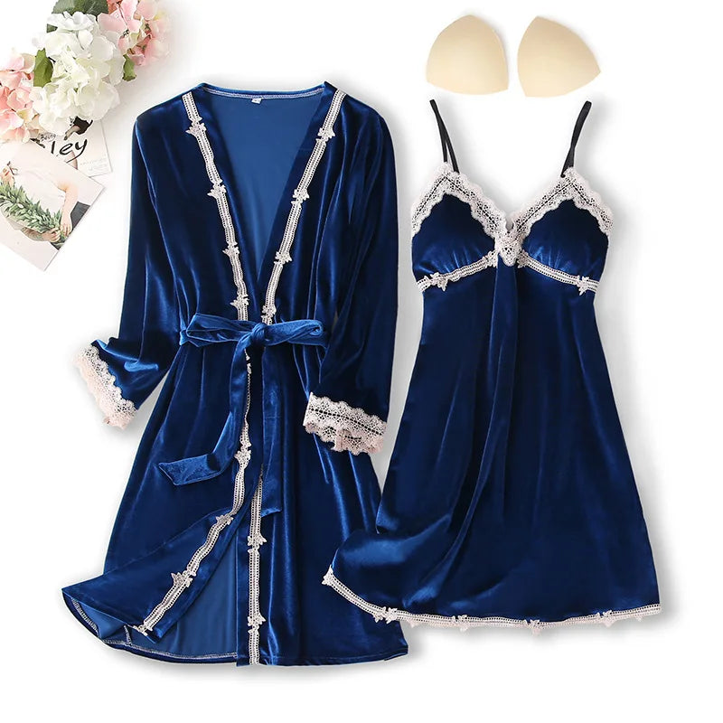 Autumn Winter Velvet Twinset Robe Set Women Sleepwear Sexy Patchwork Lace Nightgown Kimono Bathrobe Gown Loose Velour Home Dress