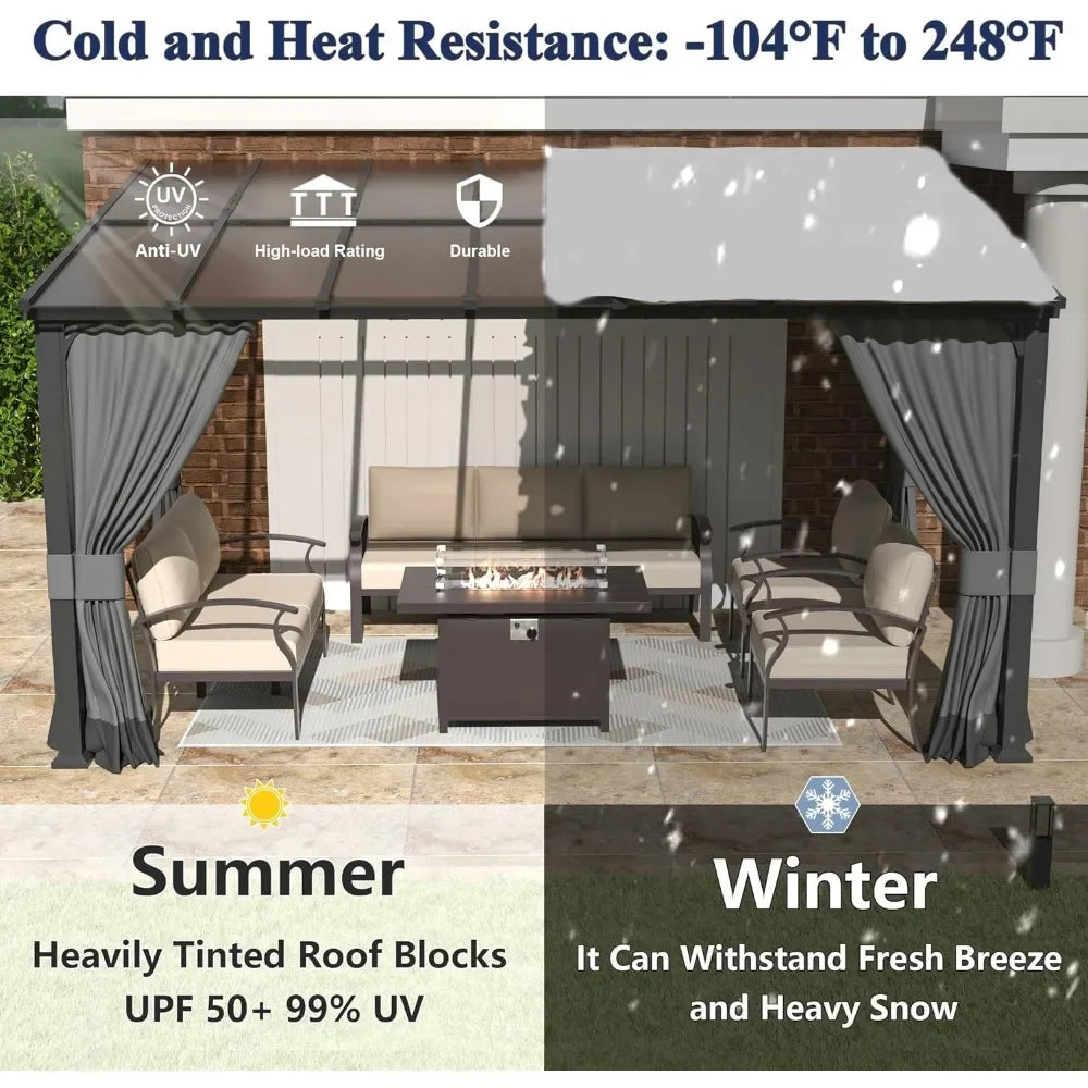 10 x 14 FT Outdoor Gazebo, Hardtop Wall Mounted Gazebos with Sloping Sun Panel Roof, Double Curtains, Gazebo