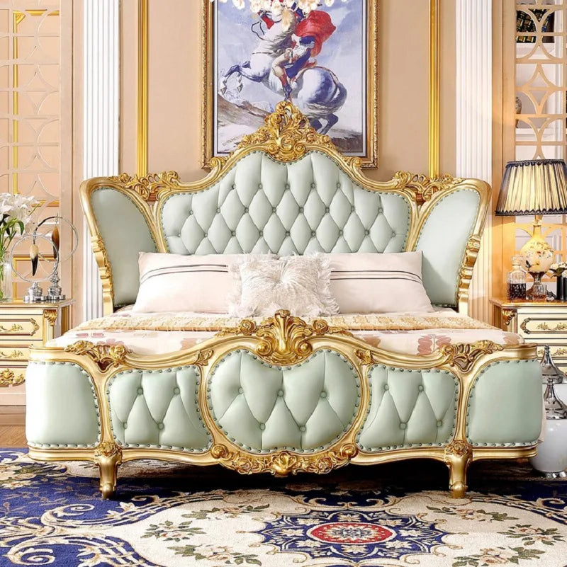 Simple European leather bed Queen bed Solid wood American bed Master Bedroom Oak claaical Champagne gold luxury double bed