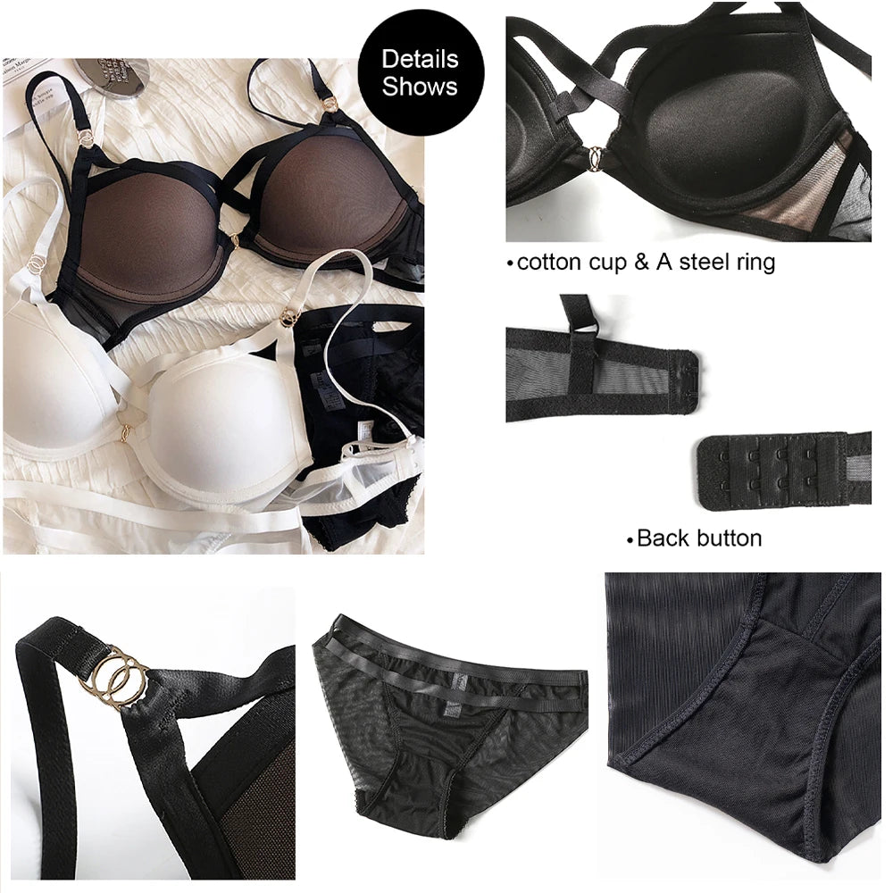 Women Sexy Lingerie Lace Mesh Two-piece Padded Top Bra Low Waist Panties Set Strappy Push Up Underwire Underwear For Female
