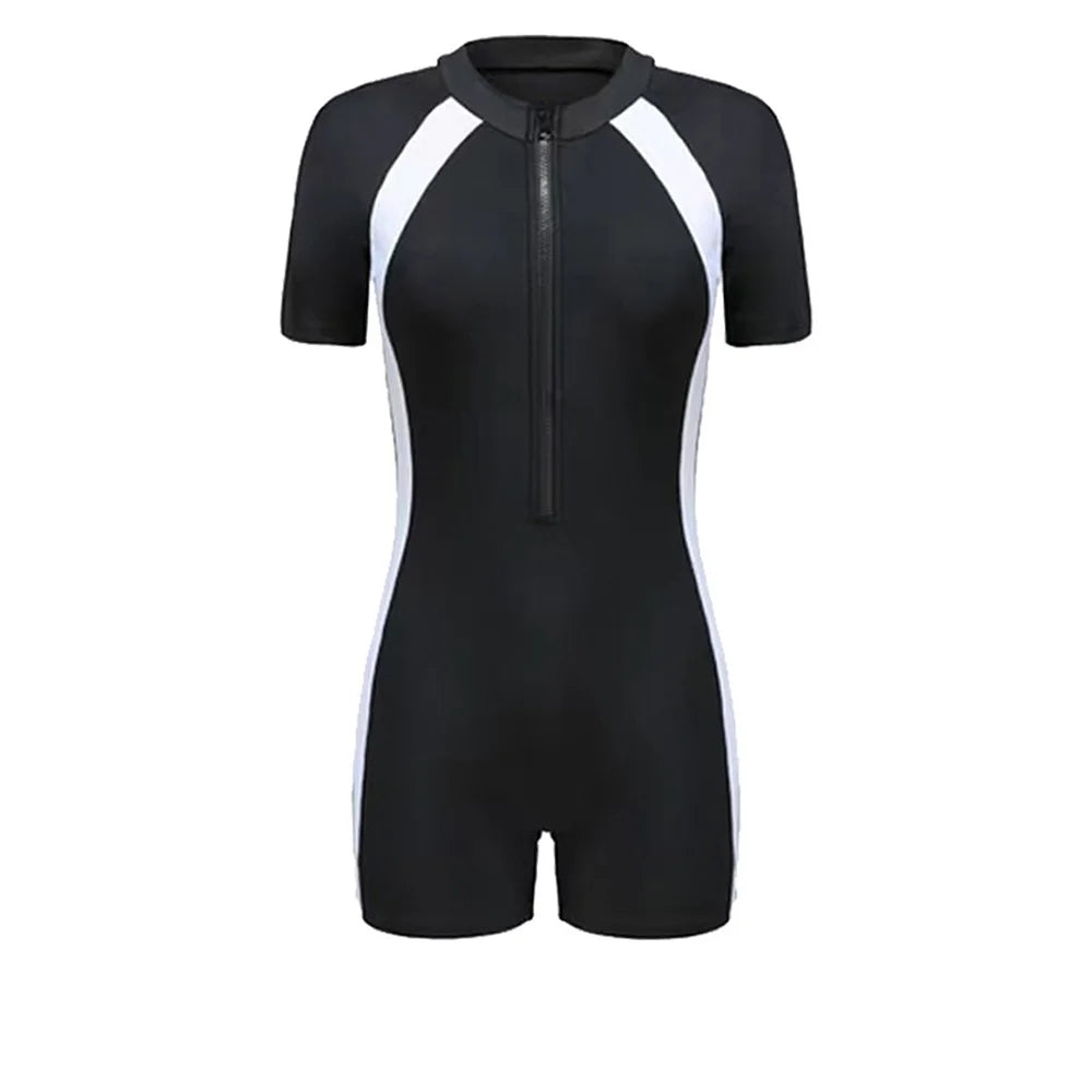 Women's One-Piece Swimsuit Long Short Sleeves Swimwear Female Zipper Rash Guard Summer Surfing Diving Clothes Bathing Suit
