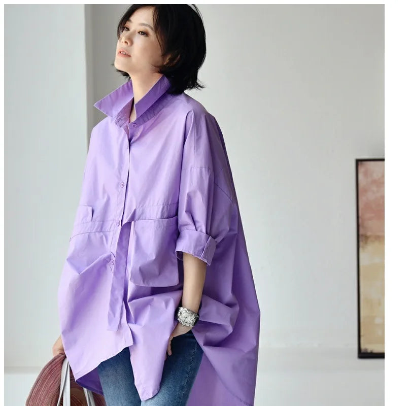 Women's Irregular Cotton Lapel Five-Point Sleeve Blouse, Large Size Shirt, Elegant Blouses for Youth, Medium Length