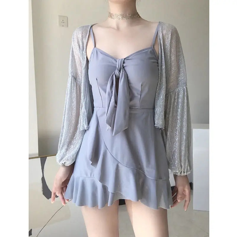Women's Solid Color Sling Spliced Tassel With Chest Pad Without Steel Support Casual Long Sleeve Smock Shirring Sexy Swimwears