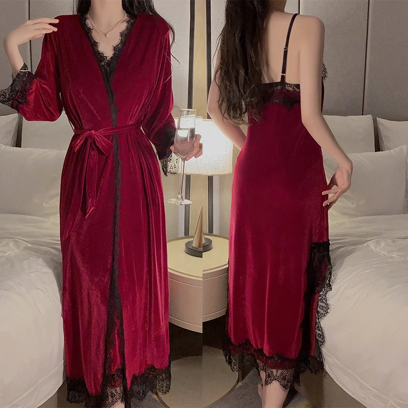 Women Warm Velour Homewear Pink Bathrobe Set Cami Sleepwear Winter Robe Suit Loungewear Sexy Nightgown Long Kimono Robe