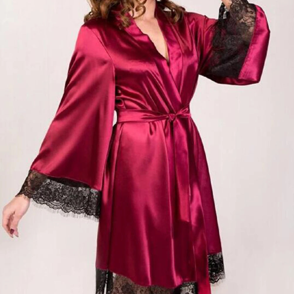 Women's Sleepwear Lace Patchwork Long Bathrobes Women's Pajamas Soft Silk Dresses Soft Silk Pajamas 2024